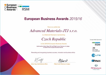 ADVANCED MATERIALS-JTJ FROM THE CZECH REPUBLIC NAMED NATIONAL CHAMPION IN THE EUROPEAN BUSINESS AWARDS 2015/16