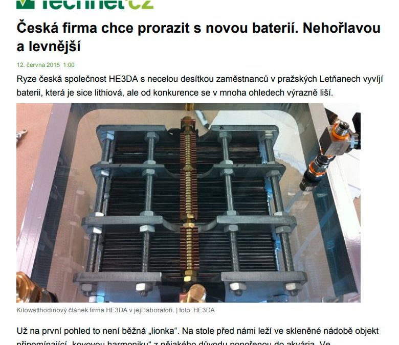 Portál Technet.cz zveřejnil článek o vývoji superbezpečného vysokokapacitního akumulátoru HE3DA